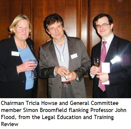 Chairman Tricia Howse  and General Committee member Simon Broomfield flanking Professor John Flood, from the Legal Education and Training Review